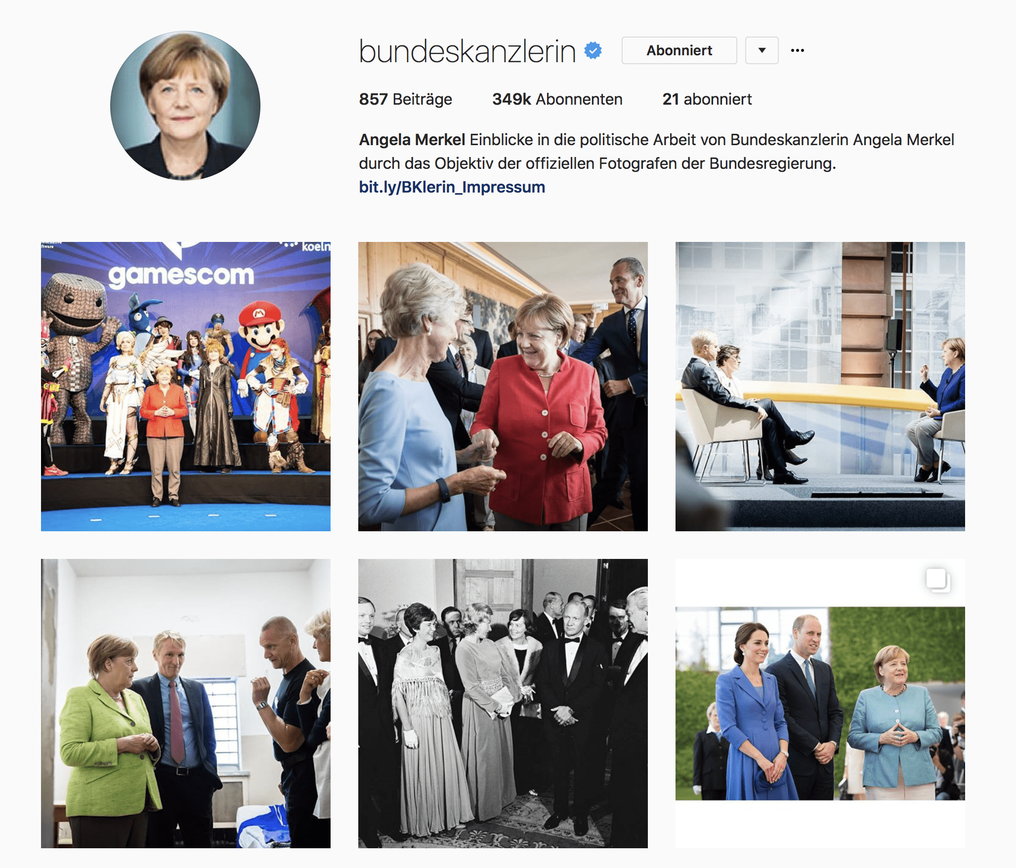 Das Instagram Profil der Bundeskanzlerin kurz vor der Bundestagswahl 2017 Instagram Profil der Bundeskanzlerin