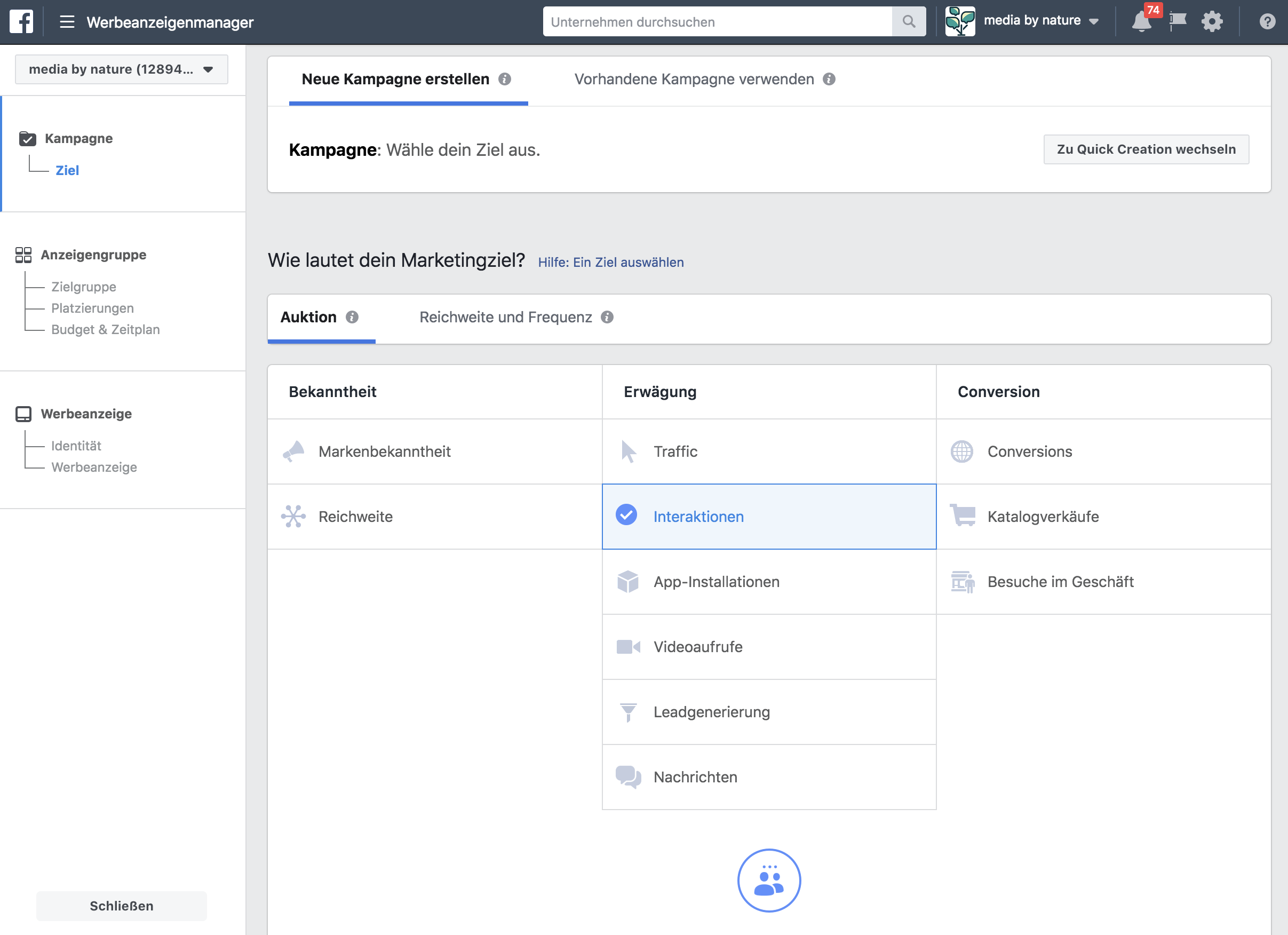 Neue Kampagen im Werbeanzeigenmanager erstellen