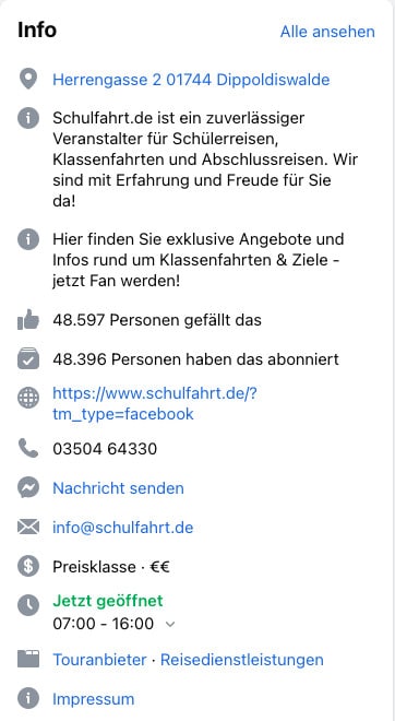 unternehmensseite facebook infobox