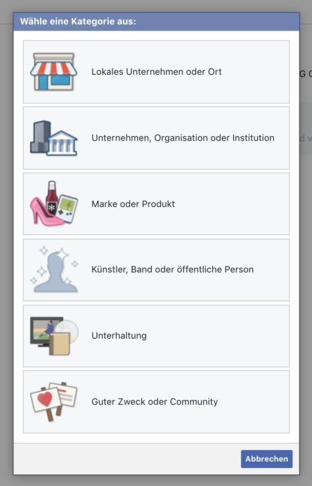 Facebook Unternehmensseite Kategorie wählen