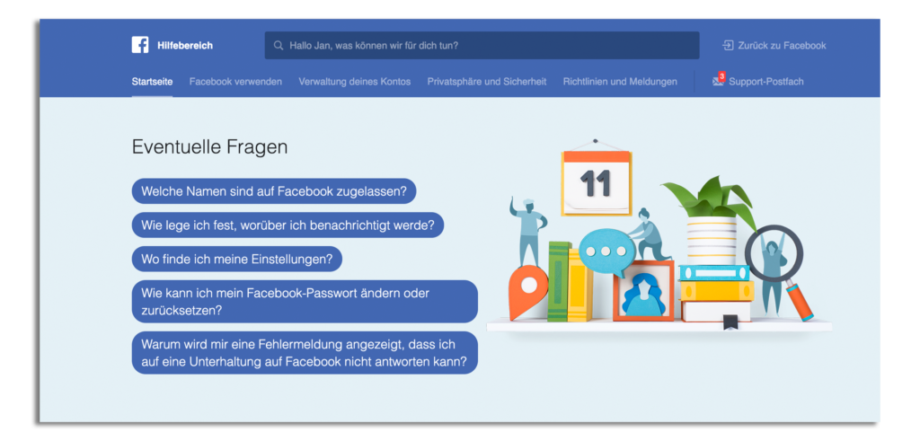 Help Sektion bei Facebook