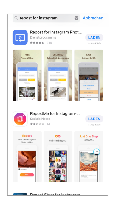 App für Instagram Reposts