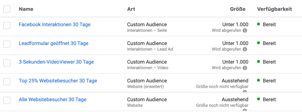 liste verschiedener facebook custom audiences