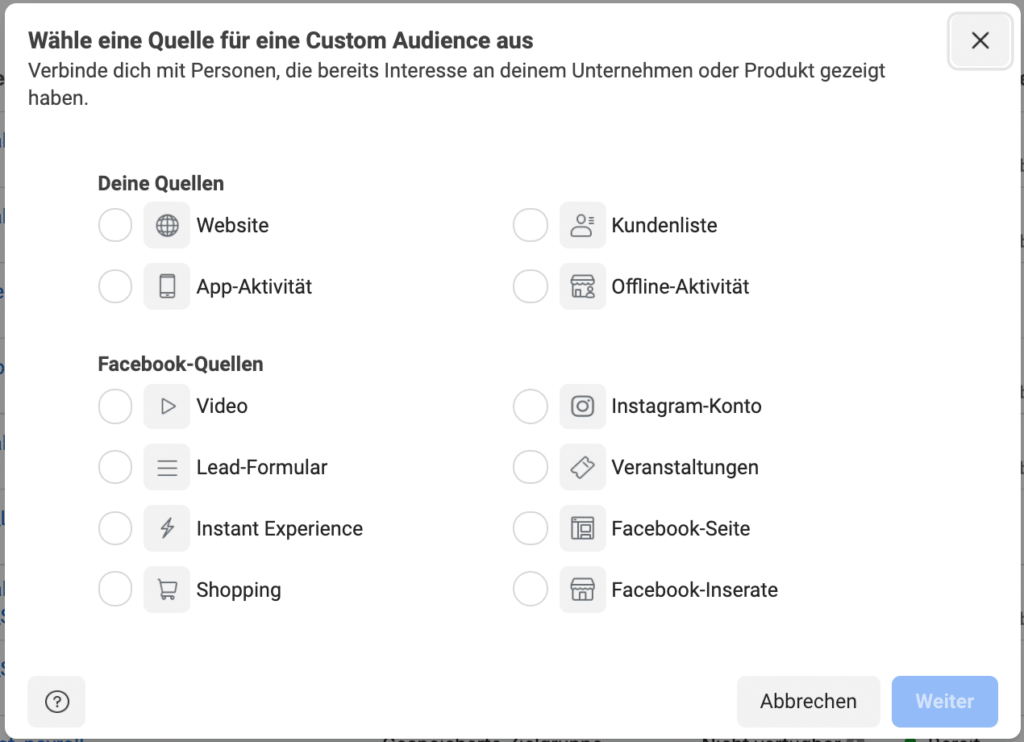 facebook custom audience quelle auswählen