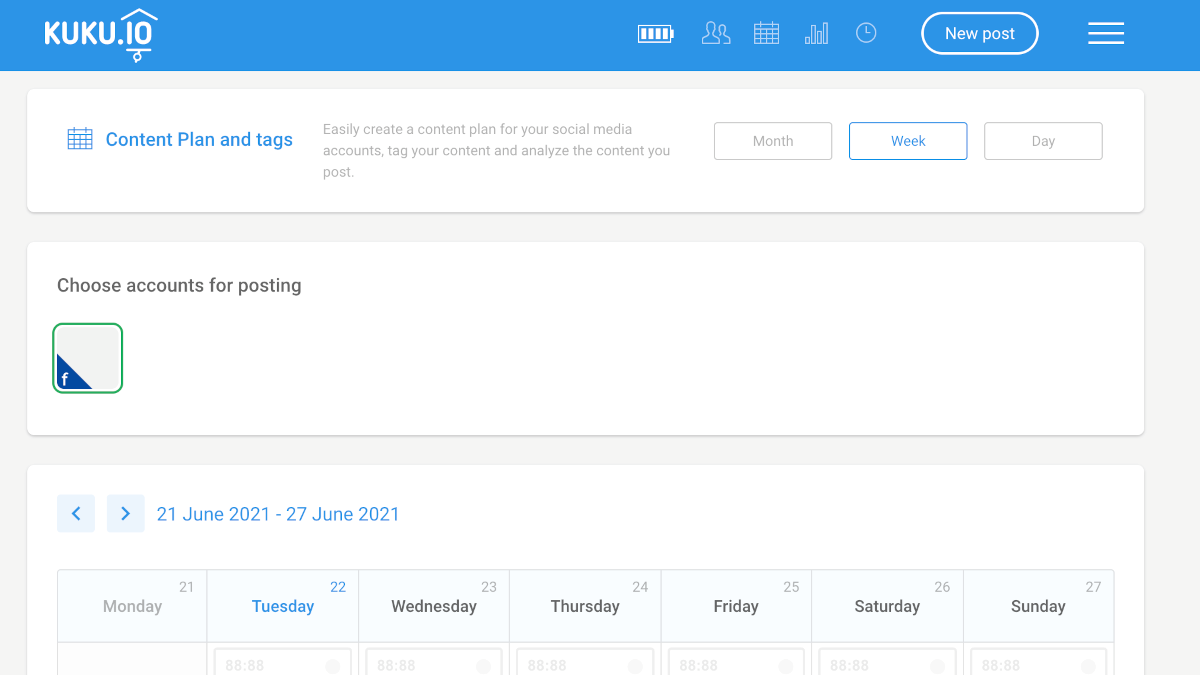 Dieses Bild zeigt das Interface der Hootsuite Alternative KUKU. Es gibt drei längliche Boxen, in welchen der aktuelle Content Plan, der ausgewählte Account und der Wochenplan zu sehen sind.