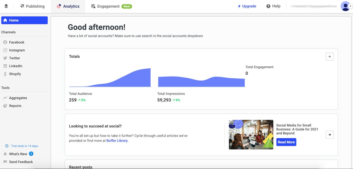 Die Übersichtsseite des Facebook Statistik Tools Buffer