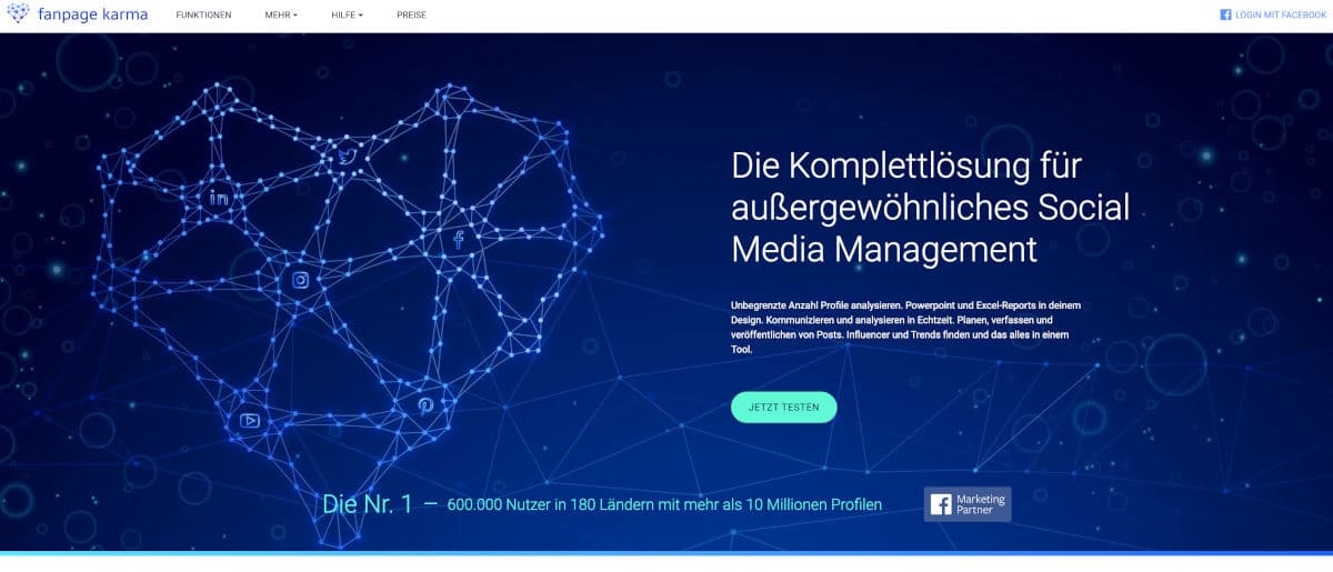 Die Startseite des Facebook Analyse Tools Fanpage Karma