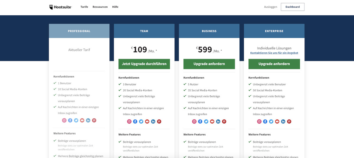 Eine Übersicht über die aktuellen Hootsuite Tarife