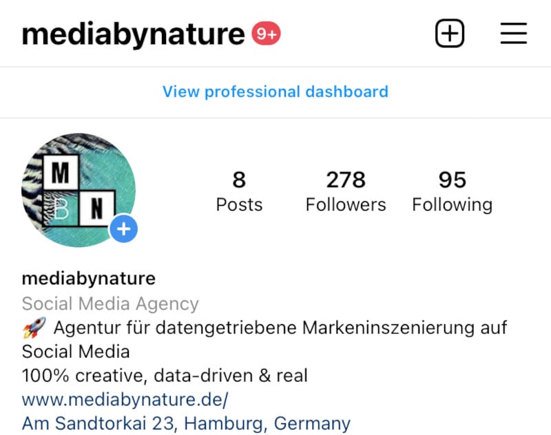 Man sieht die Biografie einer Unternehmensseite auf Instagram