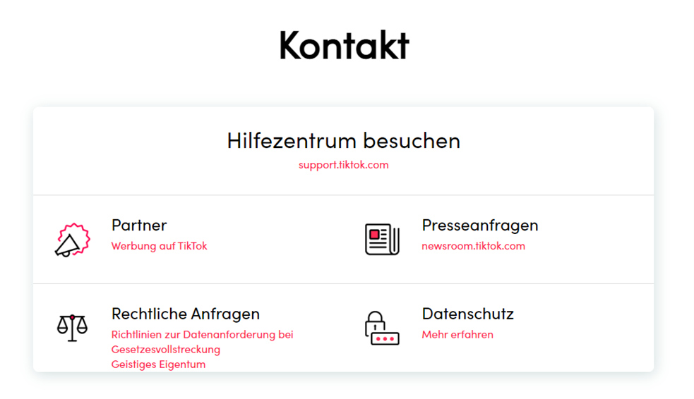 Überblick TikTok Support-Seite